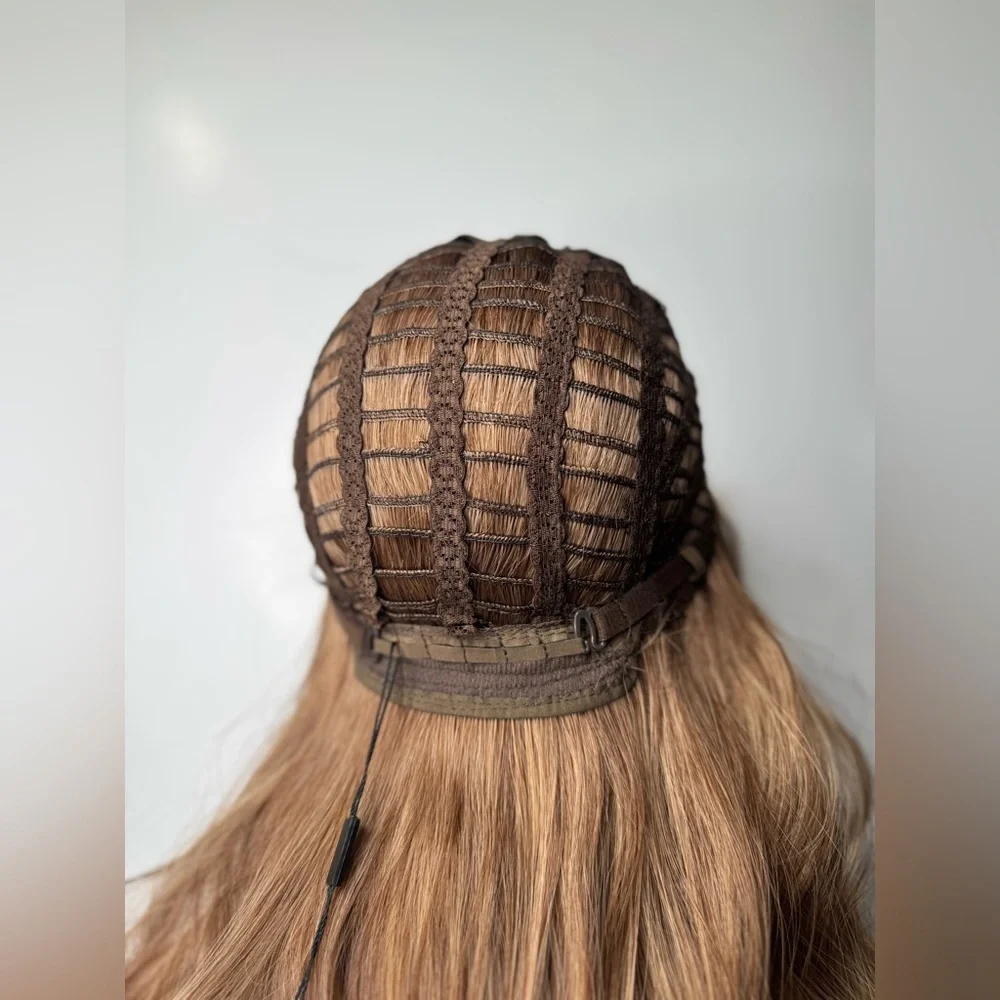 Long Wavy Synthetic Wig w/ Curtain Bangs – Mocha Brown Balayage – Natural Waves